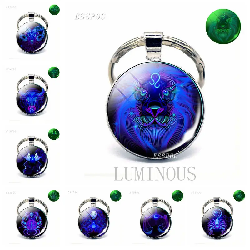 

12 Constellation Luminous Key Chains Glass Cabochon Pendant Zodiac Sign Key Rings Holder Birthday Gift Glow In The Dark