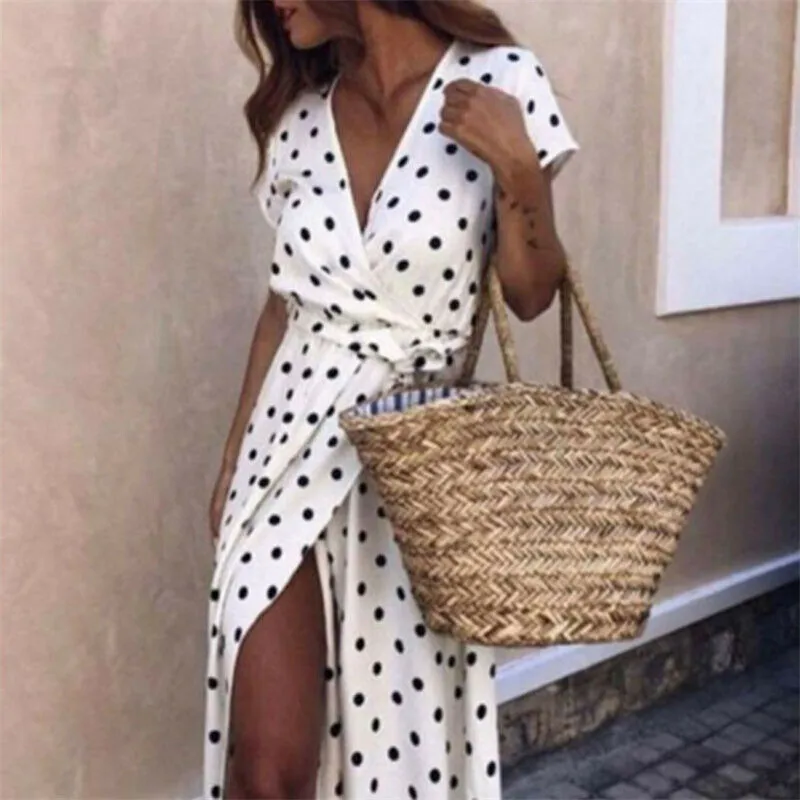 

2019 New Spring V Neck Short Sleeve Solid Black Chiffon Dots Loose Big Size XL Long Maxi Split Dress Women Fashion Tide