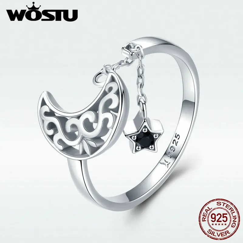 

WOSTU New Fashion 925 Sterling Silver Moon Stars Rings For Women Original Elegant Ring Luxury Vintage Silver Jewelry Gift DXR479