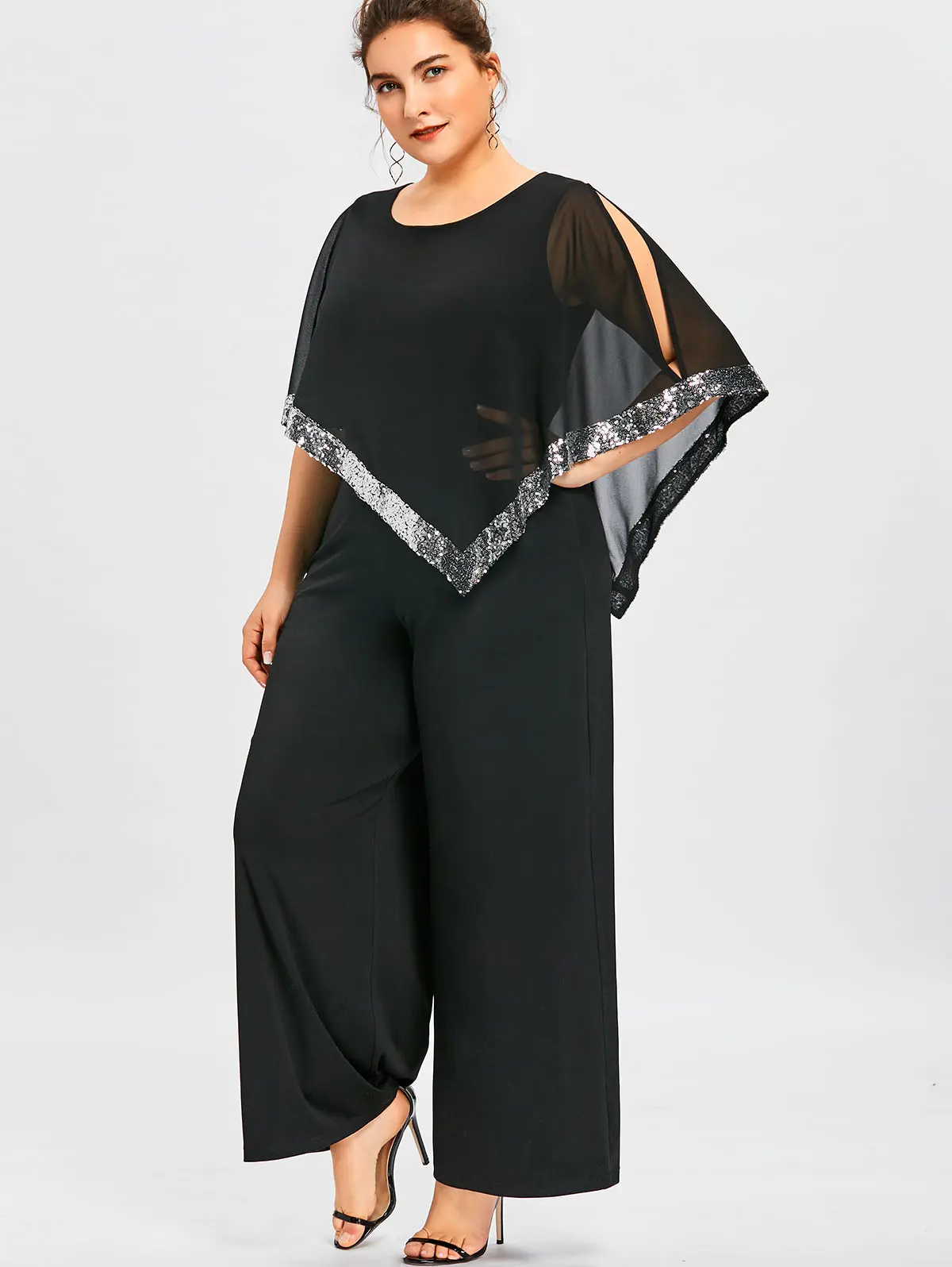 Plus Size 5XL Sequined Overlay Wide Leg 