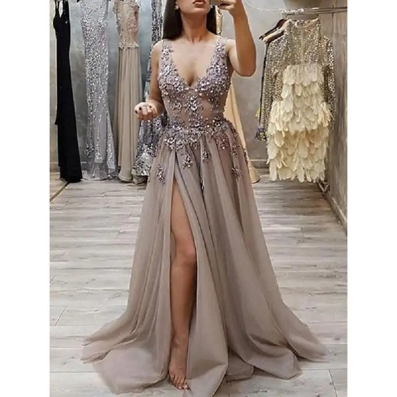 

Modest Deep V Neck Prom Dresses Long 2019 vestidos de fiesta largos elegantes de gala Side Split A Line Formal Evening Gowns