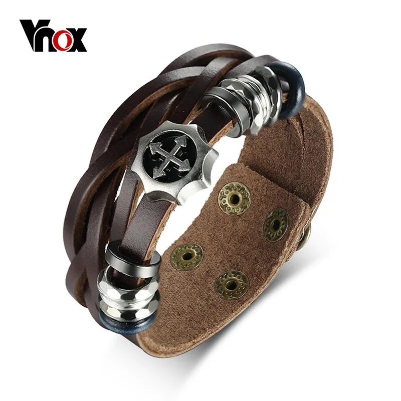 

Vnox Vintage Bohemia Braided Genuine Leather Wrap Bracelet Punk Men's Cross Charm Bracelets Bangles Female Male Size Adjustable