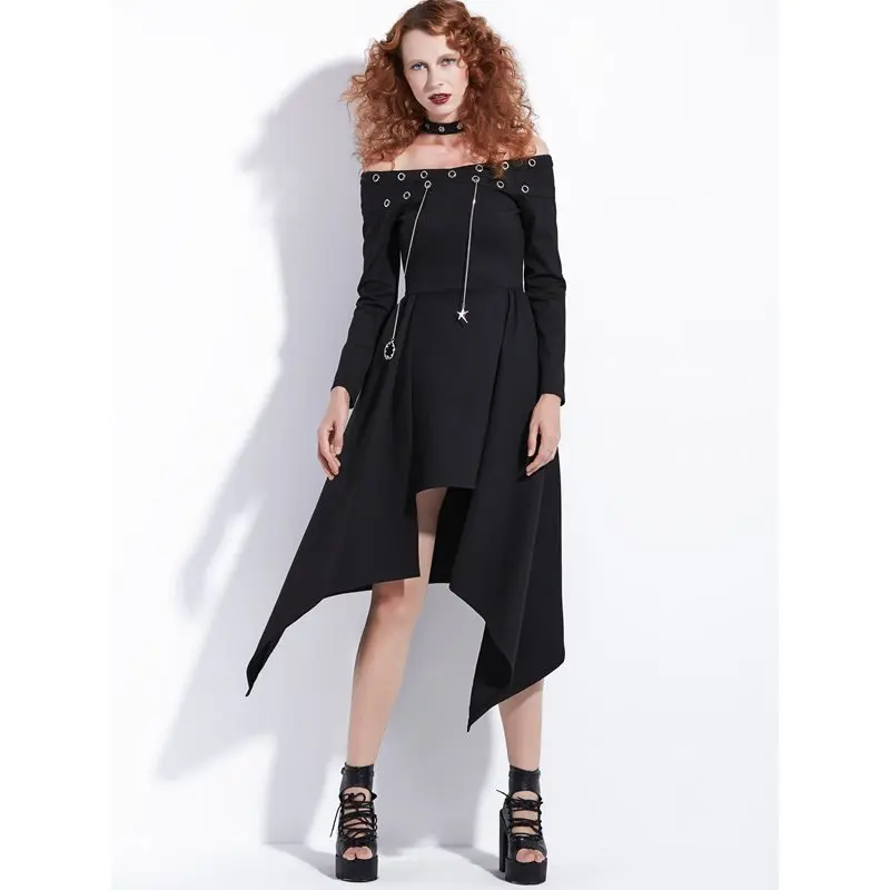 

Halter Sexy Dresses Women Trendy Brand Gothic Asymmetric Hem Off Shoulder Streetwear Black Punk Cool Girl Spring Goth Midi Dress