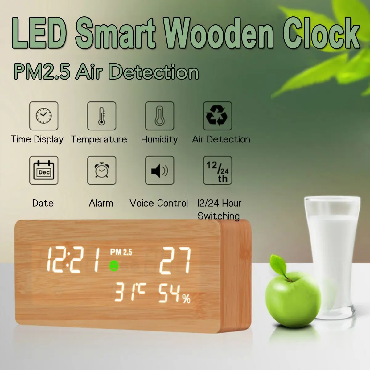 

Wooden LED Digital Alarm Clock Air Quality Monitor PM2.5 Detector Tester Gas Analyzer Temperature Humidity Meter Diagnostic