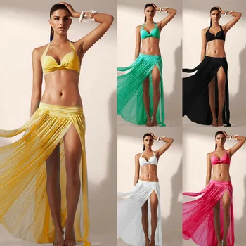 

Women Summer Sheer Mesh Bikini Casual Skirt Sexy High Waist Cover Up Beach Sarong Long Wrap Cool Split Skirts
