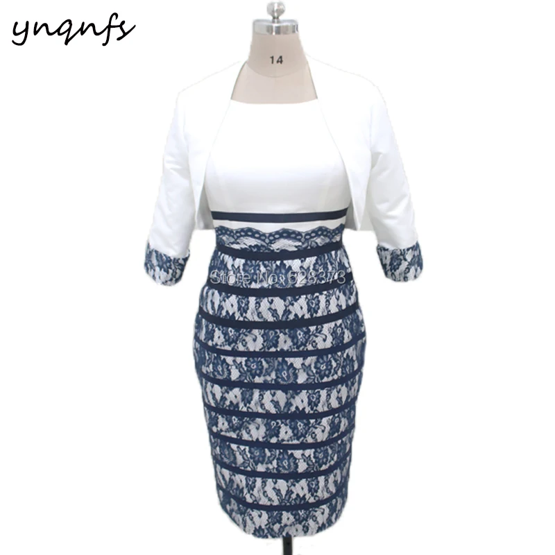 Ynqnfs M124 White Satin Navy Blue Lace Two Piece Mother Of The