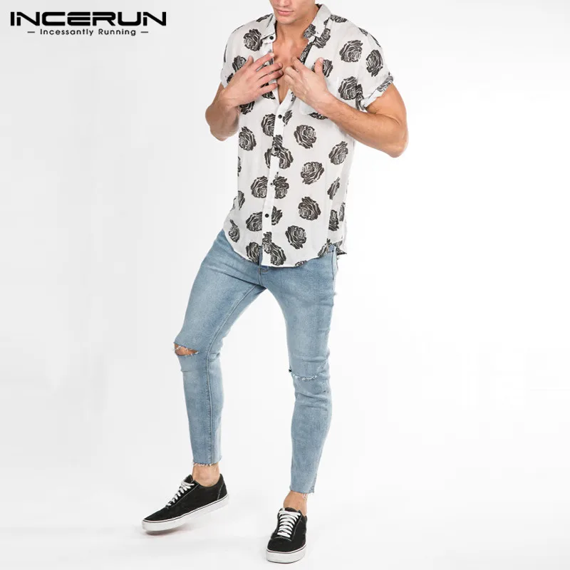 INCERUN الاجتماعية الرجال قميص هاواي الاستوائية قصيرة الأكمام اللباس الرجال قمم الرجعية ارتفع الذكور الملابس عارضة قمصان هومبر الكبير 5XL