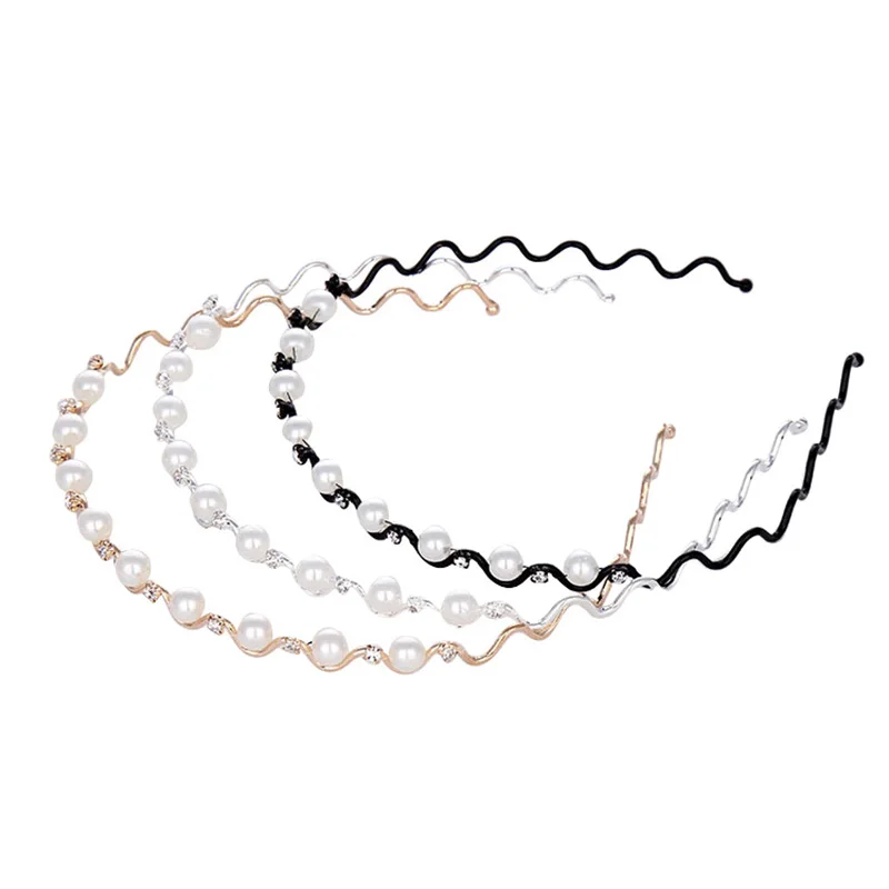 

New Rhinestones Wave Pearl Headband Fashion Sweet Hair Band White Elegant Headdress Girl Delicate Black charm Hair Accessories