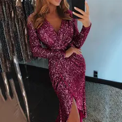 Леди блестки с длинным рукавом v-образным вырезом Shimmer платье ужин сексуальное платье Повседневное вечерние клуб