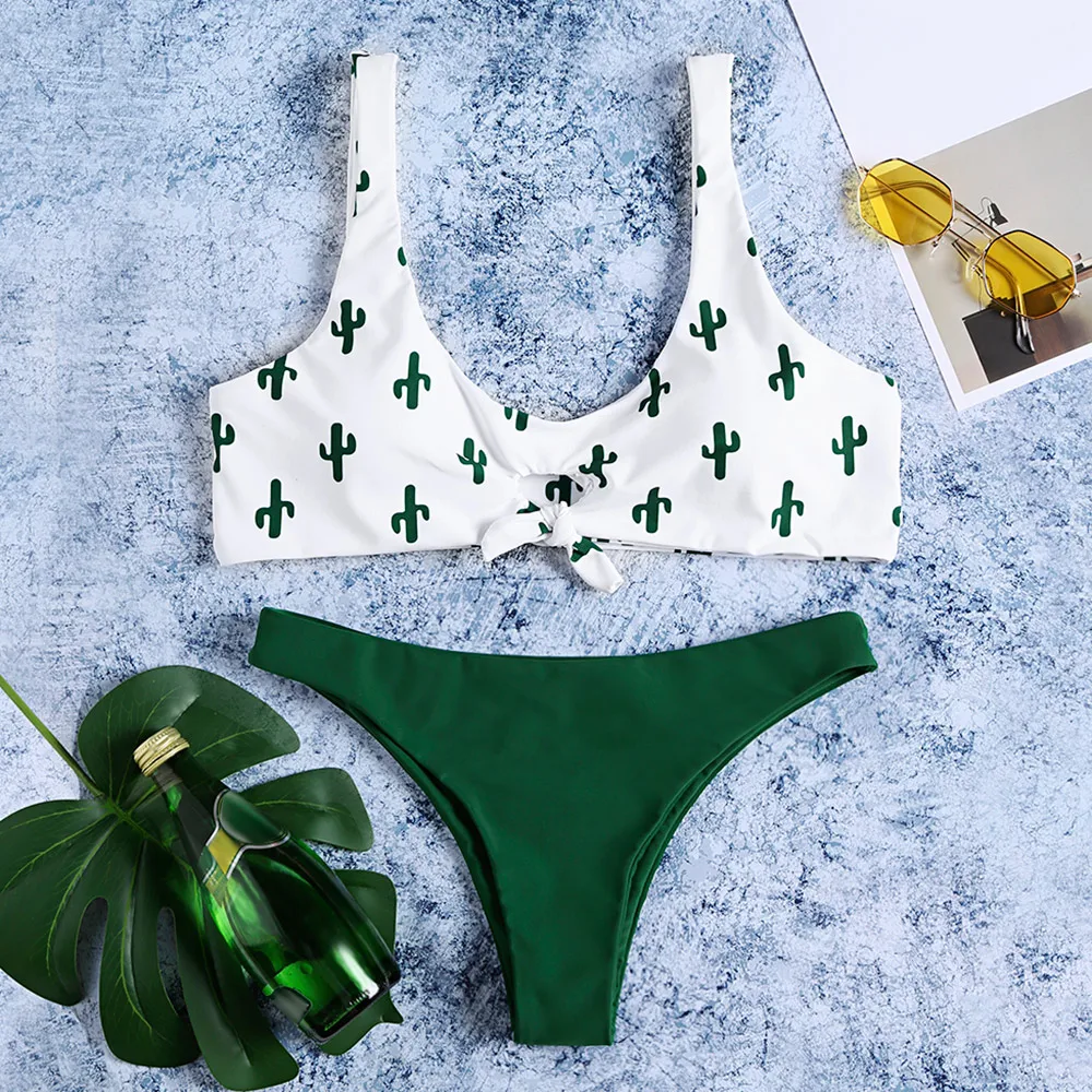 

Bikinis Set Scoop Neck Padded Backless Cacti Print Low Waist Two-Piece Women Swimsuit Swimwear Swimming Bikini Suit