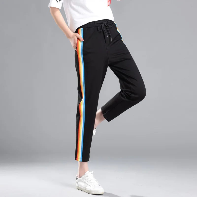 

Plus Size Kpop Trousers Female Casual Sweatpants Sportswear Rainbow Pants Women 2019 Autumn Spring Black Harem Pants Harajuku