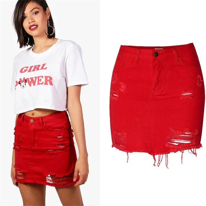 

ZOUHIRC New Casual Jeans Skirt Red High Waist Hole Washed Short Sexy Women Skirts Summer Women Street Wear Denim Skirts