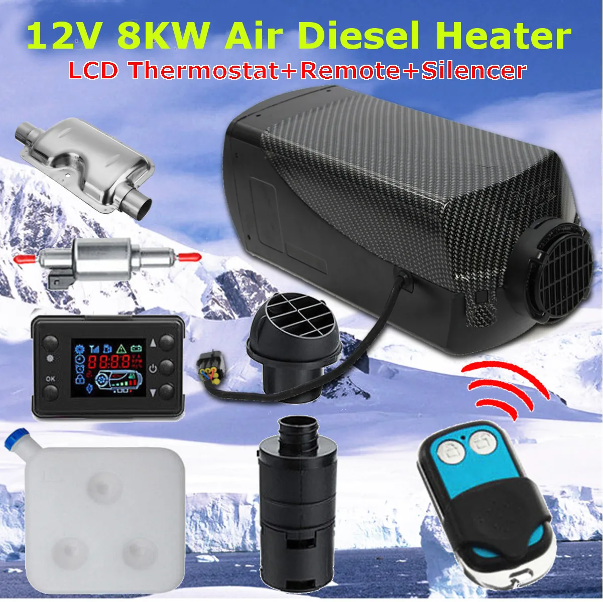

Car Heater 12V 8000W LCD Monitor Air diesels Fuel Heater Single Hole 8KW For Boat Bus Car Heater + Remote Control + Silencer