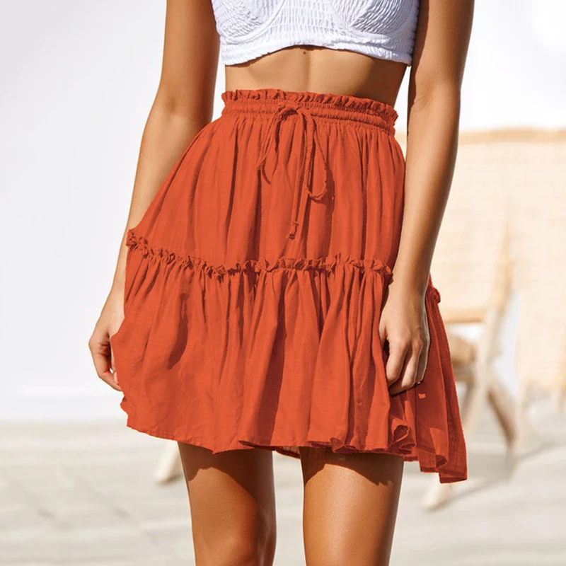

Sexy Summer Women High Waist Pleated Mini Skirt Solid Color Drawstring Elastic High Waist Flared Skater Skirt Female Slim Skirts