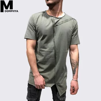 

Moomphya 2019 New Splicing patchwork short sleeve men t shirt Streetwear hip hop t-shirt men Longline hem summer tshirt men