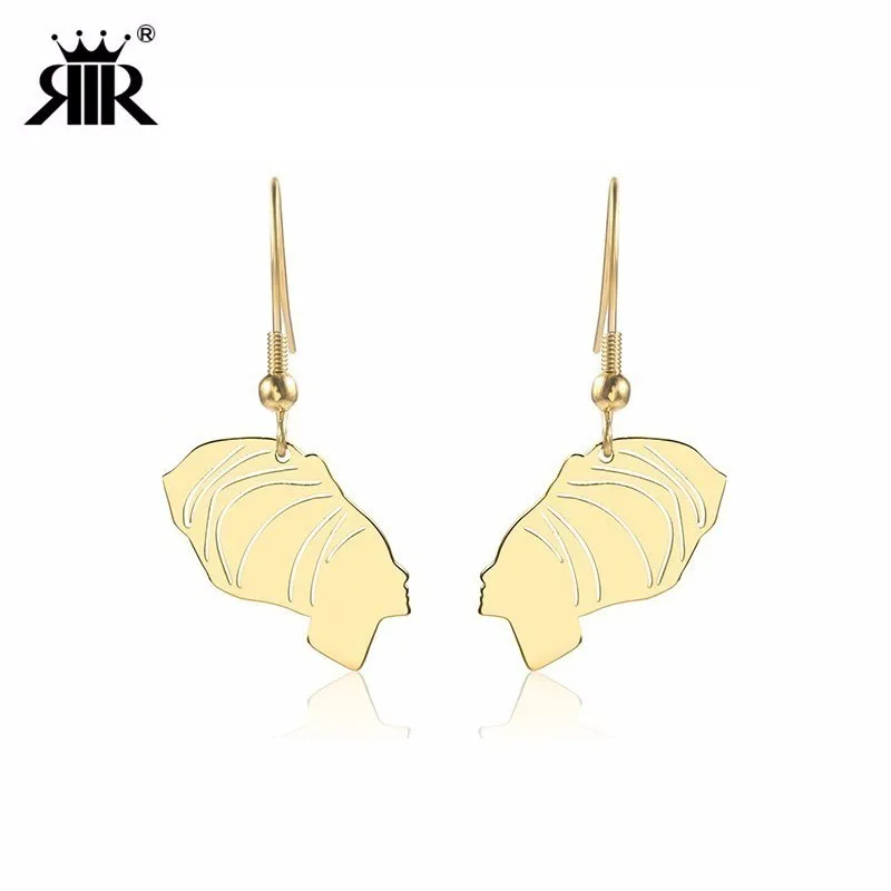 

RIR Minimalism Stainless Steel African Woman Head Wrap Silhouette Earrings Fashion African Queen Earrings Jewelry