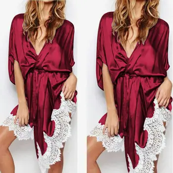 

Women Sexy Silk Sleepwear Summer Crochet Kimono Gown Lace Soft Night Pajamas Satin Half Sleeve Bathrobe