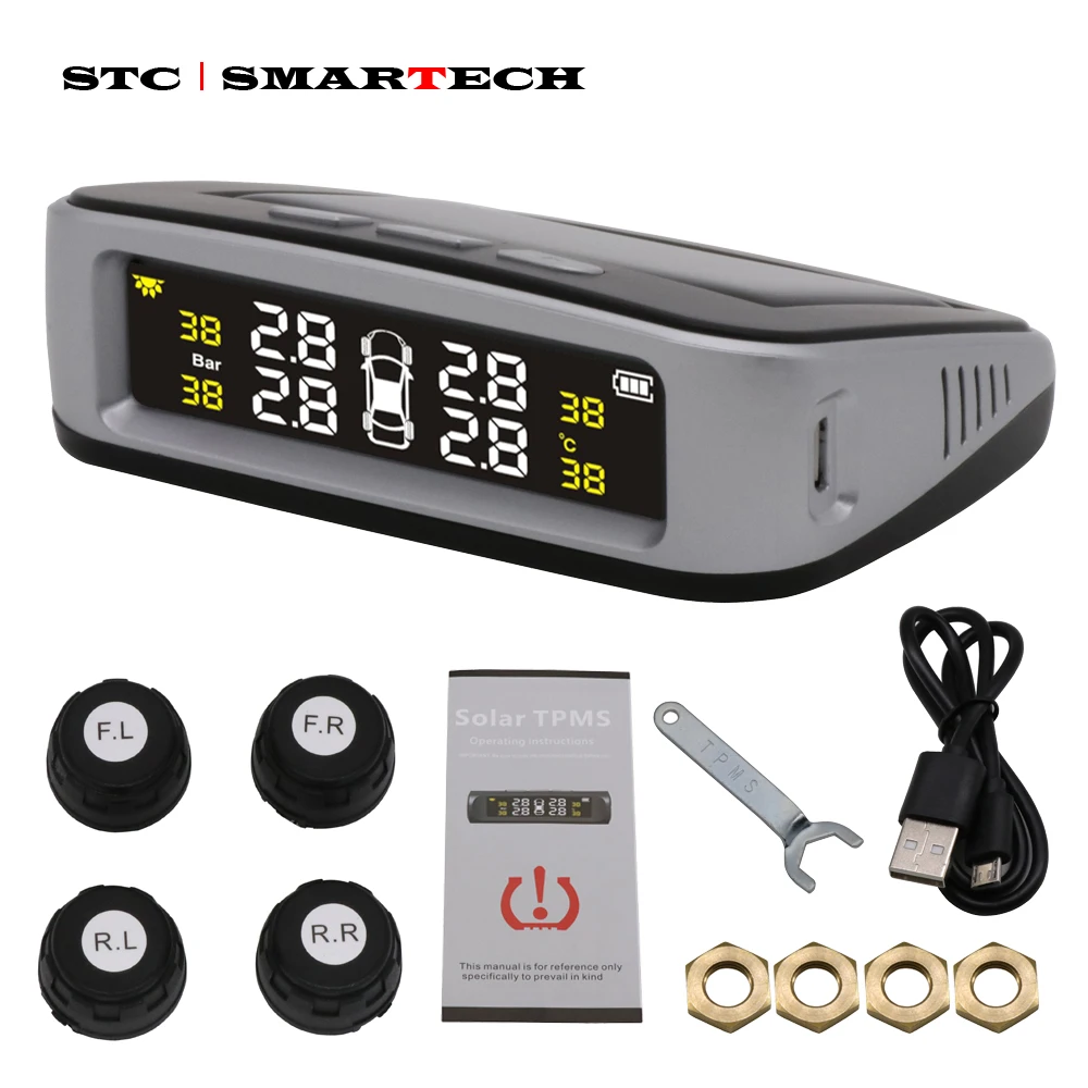 SMARTECH TPMS Солнечный автомобильный датчик давления в шинах с ЖК-дисплеем, система контроля давления в шинах, Предупреждение, предупреждение о температуре TPMS