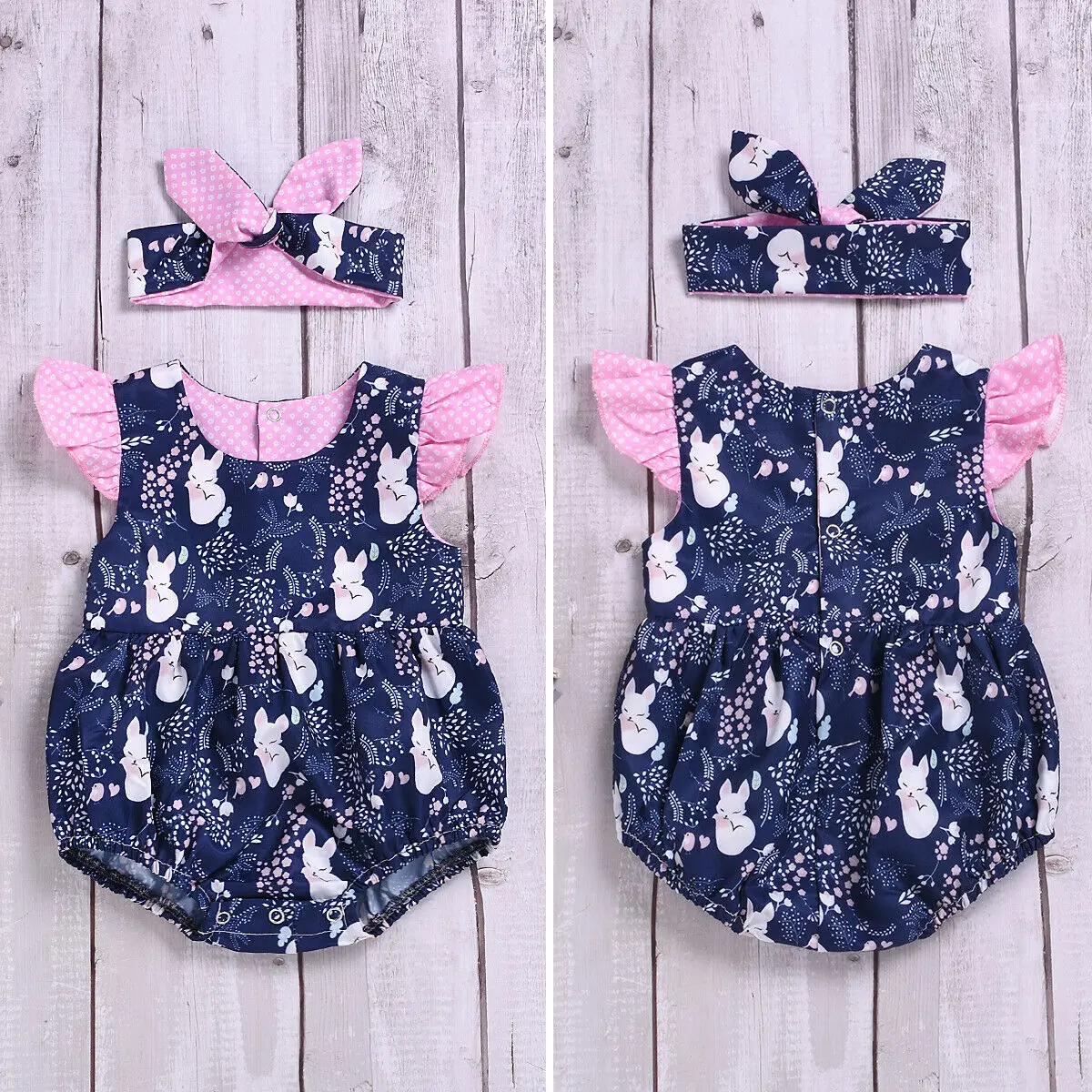 

2019 Infant Baby Girl Fox Print Jumpsuit Headband Outfit Set