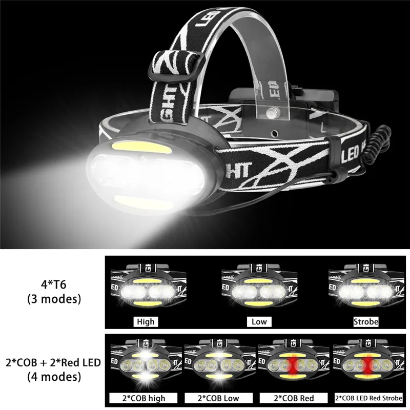 SANYI 4* T6+ 2* COB+ 2* красный светодиодный фонарь на голову, супер яркий фонарик, налобный USB Перезаряжаемый Головной фонарь, аккумулятор 18650