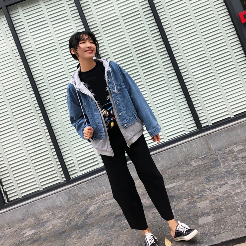 Jq282 Mode 2019 gray Marée D'été Grande Printemps eam Couleur De white Commune Denim Manteau Fendue Nouveau Bleu Black Femmes Color Veste Capuchon Hit Manches Taille pink À Longues wBSdRqd