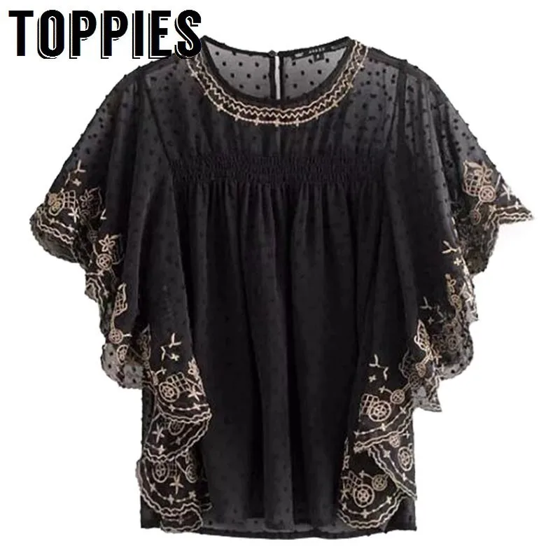 

2019 Vintage Embroidery Black Chiffon Tops Bat Sleeve Smock Summer Short Sleeve T-shirts Tees camisas mujer
