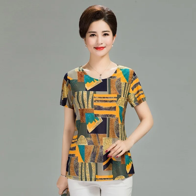 2019 Women Summer T-shirt Printed Milk Silk Short Women's T shirt Middle-aged Mother Clothes Plus size L-4XL Female Tops