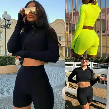 

2PCS Women's Crop Tops + Shorts Pants Bodycon Casual Outfit Sportswear Tracksuit