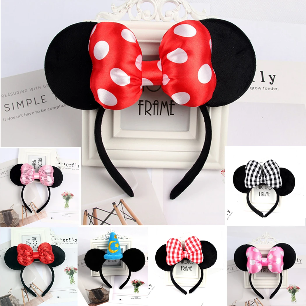 

Cute Minnie Ear Headbands Mickey Minnie Ears Plush Headwear Girls Big Bow Hat Hair Bands Princess Head Hoop Kids Christmas Gift