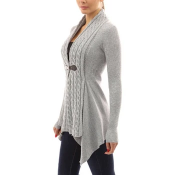 

European style Women Casual Buckle Long Sleeve Spring Sweater Solid Elegant Patchwork V-Neck Knitted Cardigans