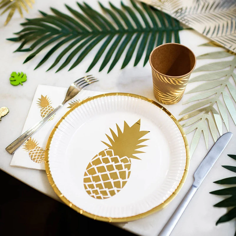 

6pcs Gold Pineapple Foil Disposable Tableware Christmas Summer Hawaii Party Paper Plates Cups Birthday Supplies Straws Napkin