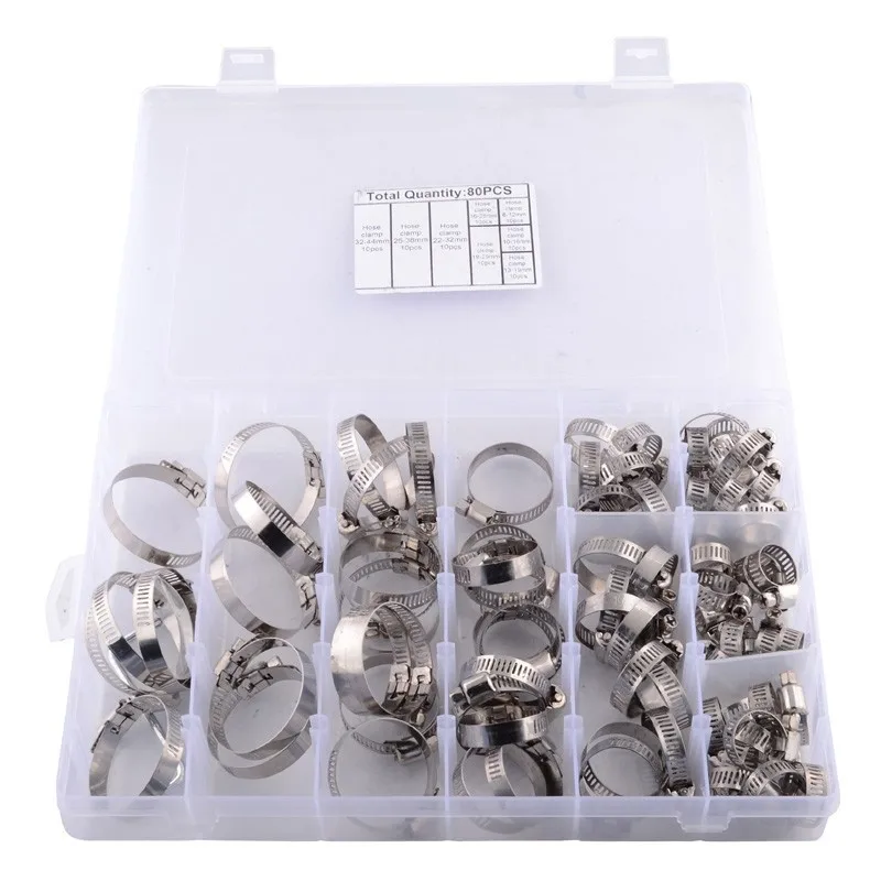 

80PCS Adjustable Stainless Steel Pipe Clamp Drive Hose Clamp Fuel Line Worm Clip 8-44mm Range Worm Gear Hose Clamps