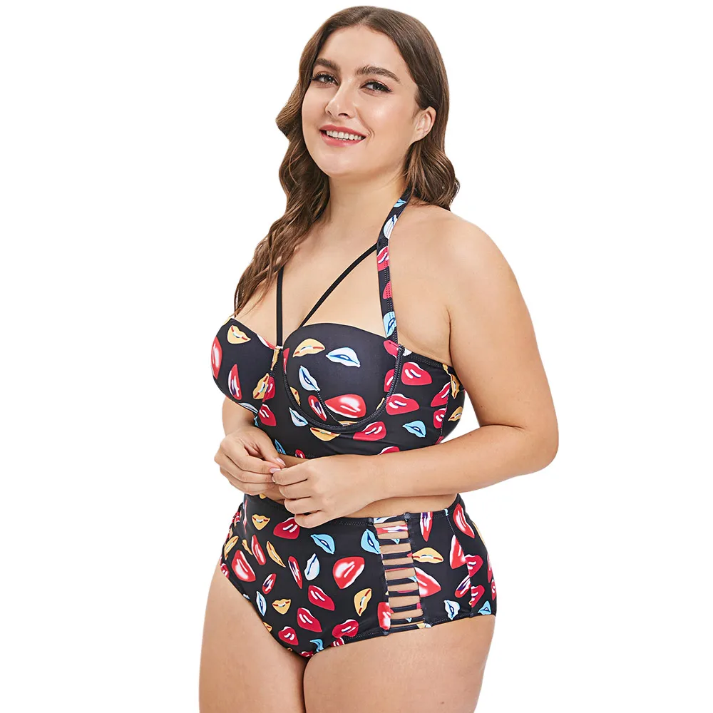 Wipalo Women Fashion Lip Print Plus Size Halter Neck Beach Set Two Pieces Ladies Swim Wear Casual 2019 Summer Bathing Suit|Спортивные