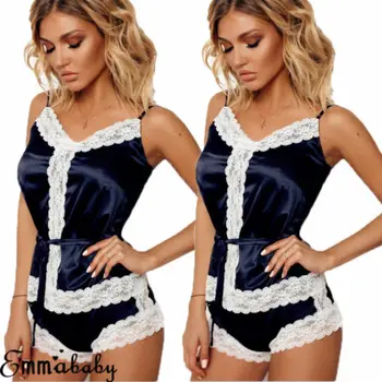 

2pcs Sexy Womens Satin Lace Sleepwear Babydoll Lingerie Nightdress Pajamas Set