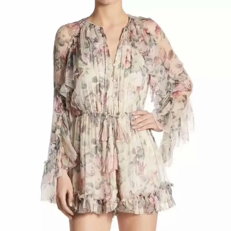 2019 Fashion Women Floral Print Rompers Ruffles Long Sleeveless Chiffon Short Jumpsuit Vintage Bohemian Party Playsuits 2019 Fashion Women Floral Print Rompers Ruffles Long Sleeveless Chiffon Short Jumpsuit Vintage Bohemian Party Playsuits