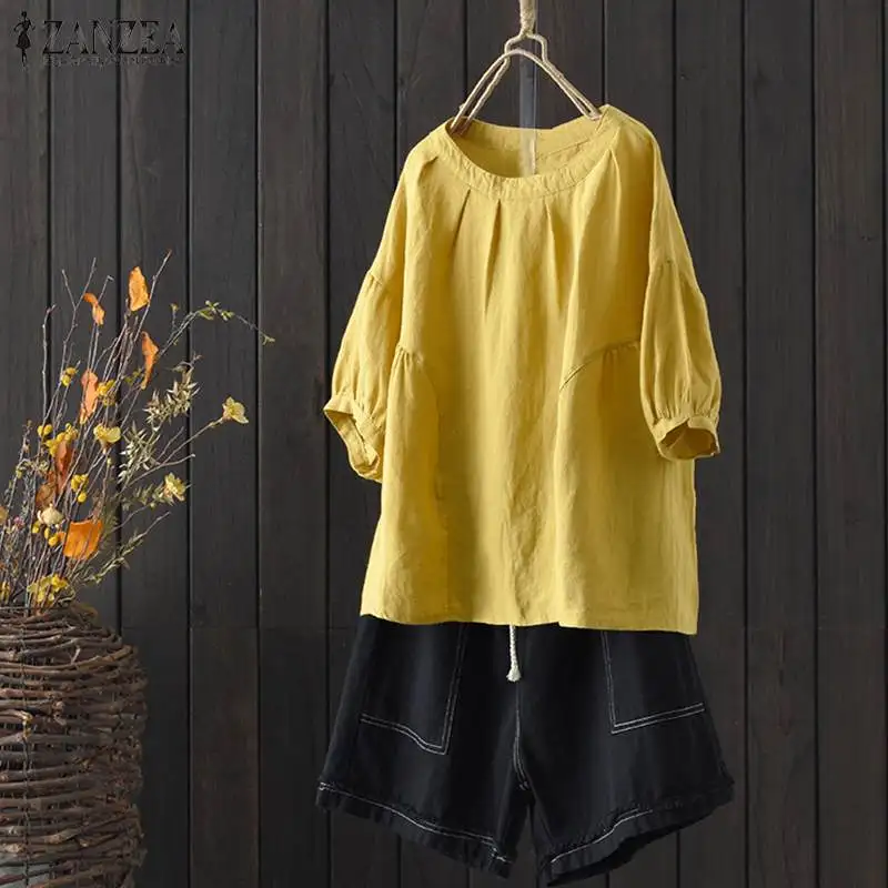 

Summer Tops 2019 ZANZEA Women's Blouse Lantern Sleeve Shirts Vintage O Neck Linen Blusas Female Casual Chemise Tunic Plus Size