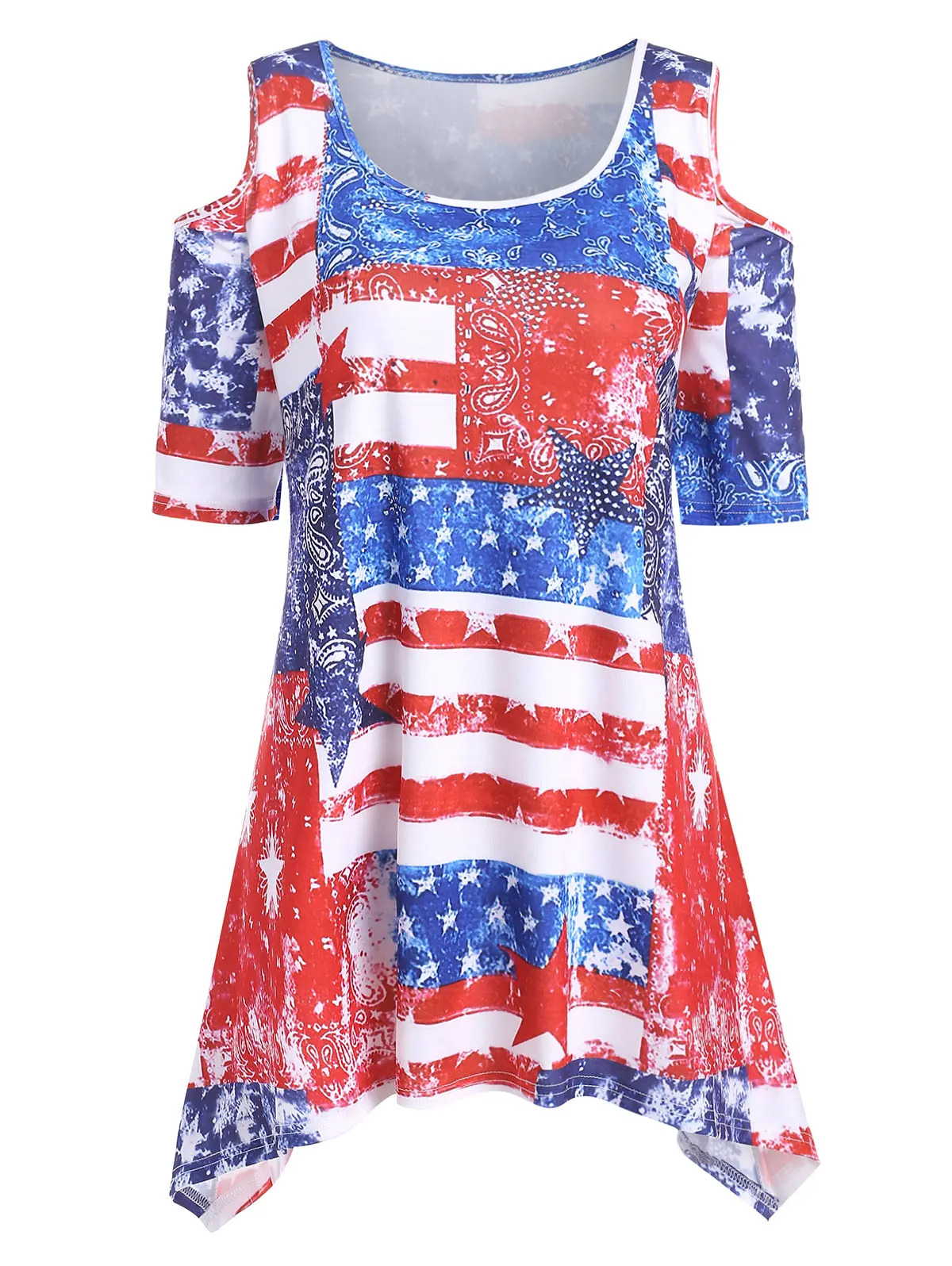 

USA Flag T-Shirt 2019 Plus Size New Women Cold Shoulder Sexy Tshirt Print Striped American Flag T-Shirts Summer Tops Tees Tunic