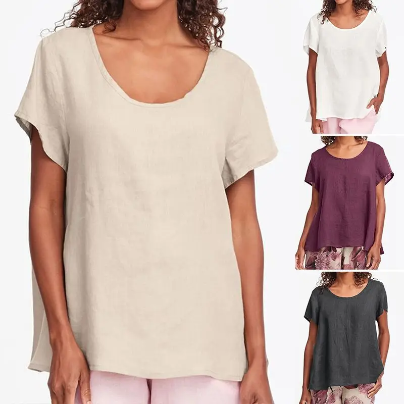 

ZANZEA Tops Blouse Women Summer White Shirt 2019 Ladies Casual Solid Short Sleeve Blusas Loose Cotton Linen Blusa Feminina S-5XL