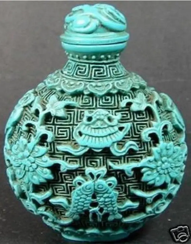 

Chinese Turquoise Carved Twins Fish Snuff Bottle