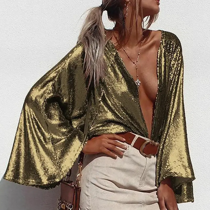 

Womens Sequin Glitter Blouse Shirts Tops Long Sleeve OL Deep V Solid Color Sexy Party Club Blouse Tops Casual