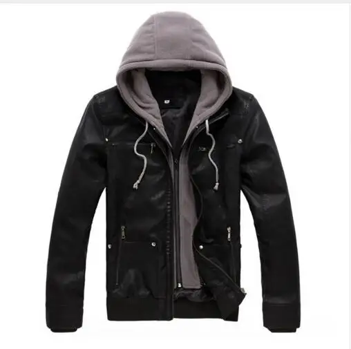 

Men's Faux Leather Jacket with Removable Hood Fashion Motorcycle Black PU Faux Leather Jacket