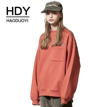 

HDY Haoduoyi Simple Casual Wind Back Print Oversize Left Chest Patch Pocket Fleece Round Neck Sweatshirts