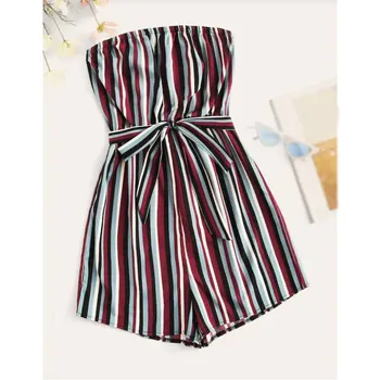 

2019 Summer Female Striped Belted Tube Playsuit Women Boho Strapless Wide Leg Jumpsuit Sleeveless One Piece Rompers