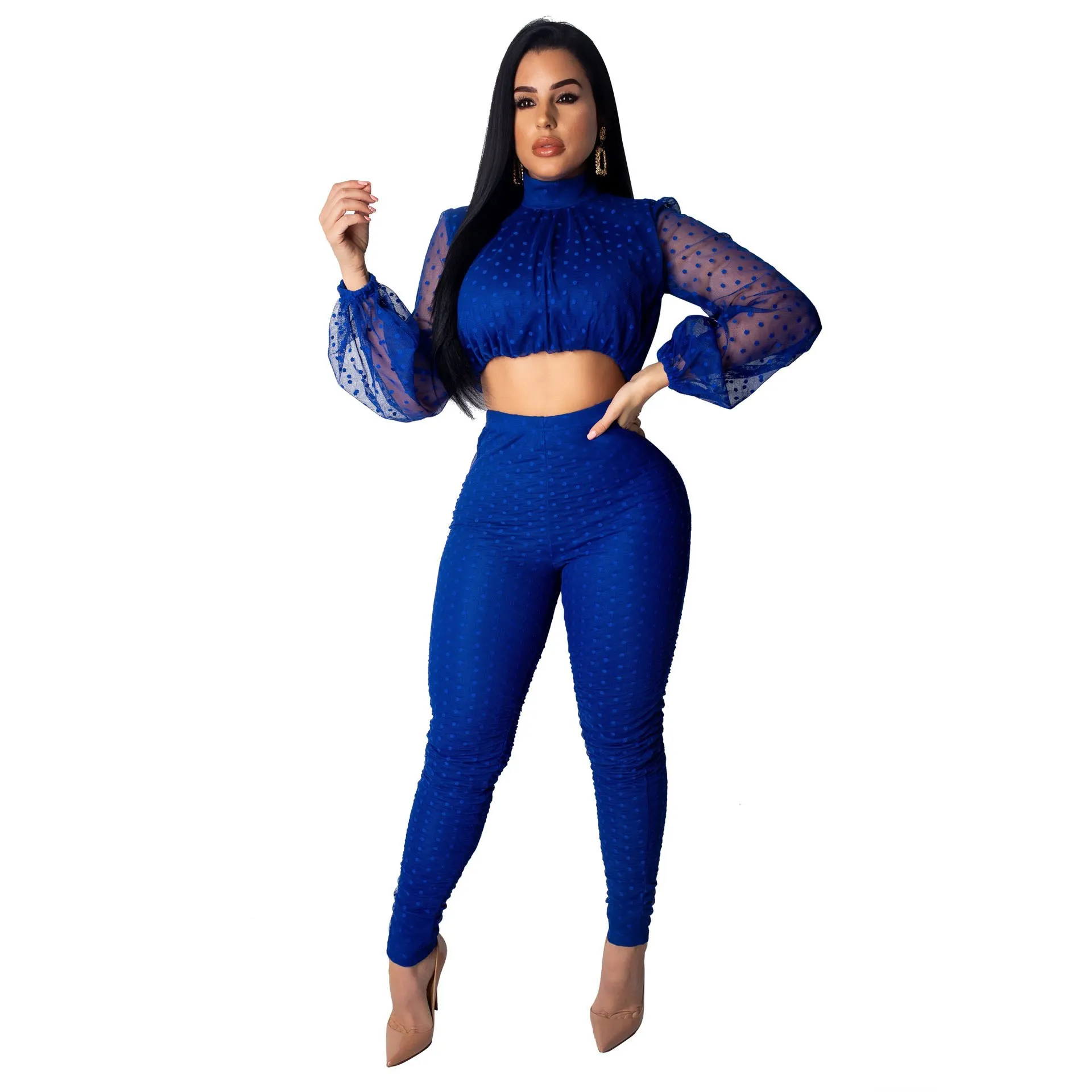 

2019 Women Sexy 2 Piece Set Polka Dot Print Mesh Crop Top And Skinny Pants Party Club Outfits Women Set