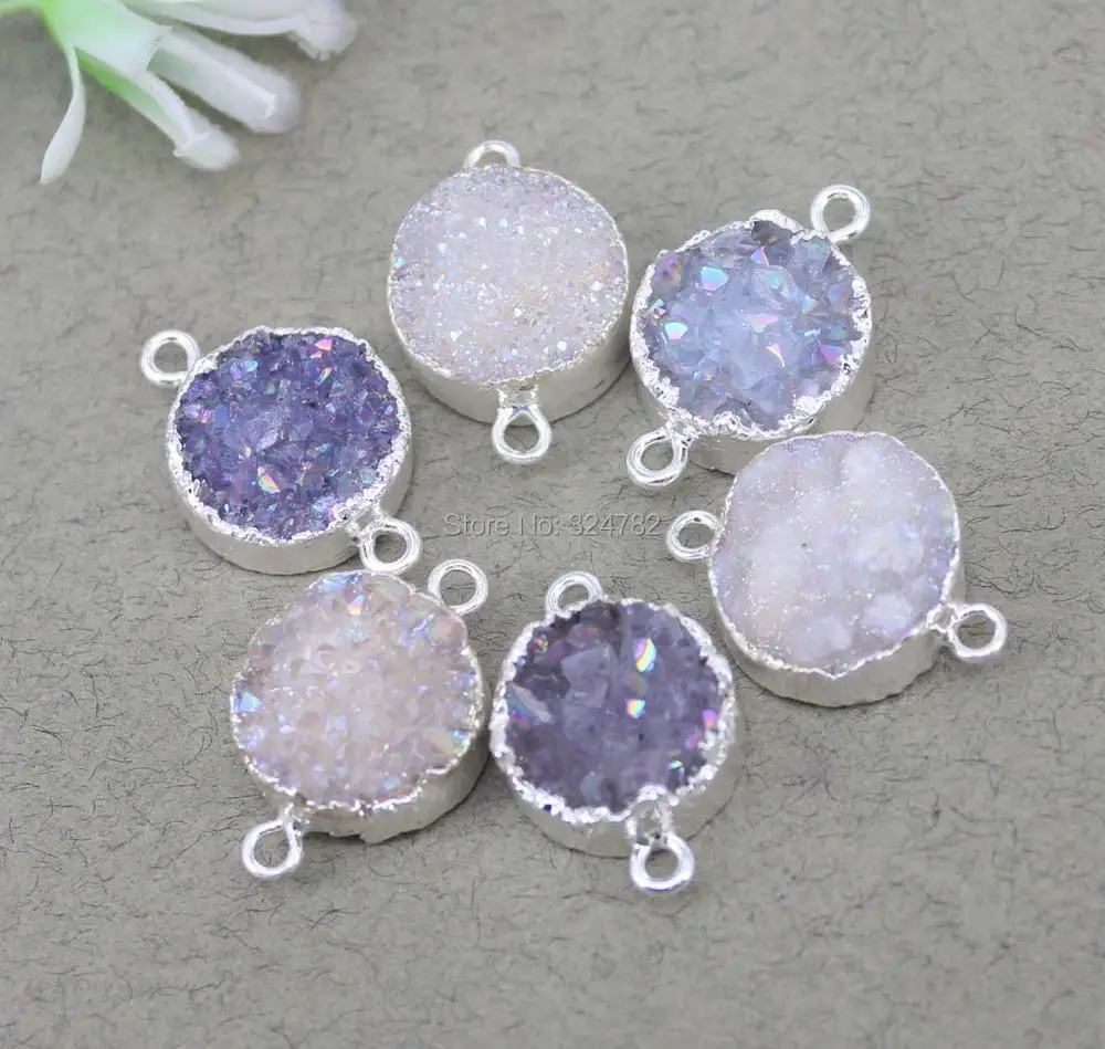 

5pcs Natural AB Quartz Gem stone Round Shape Connectors beads,Silver Metal Quartz Connector For Jewelry Making