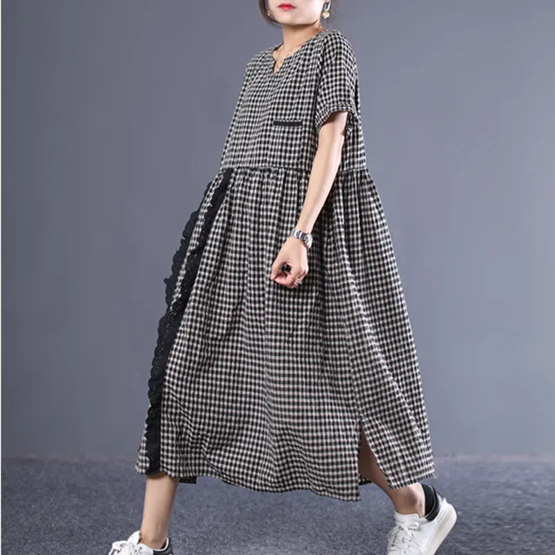 

[EWQ]2019 Spring Summer New Pattern V-collar Short Sleeve Plaid Patchwork Ruffles Pullovers Vintage Loose Long Dress Women AE609