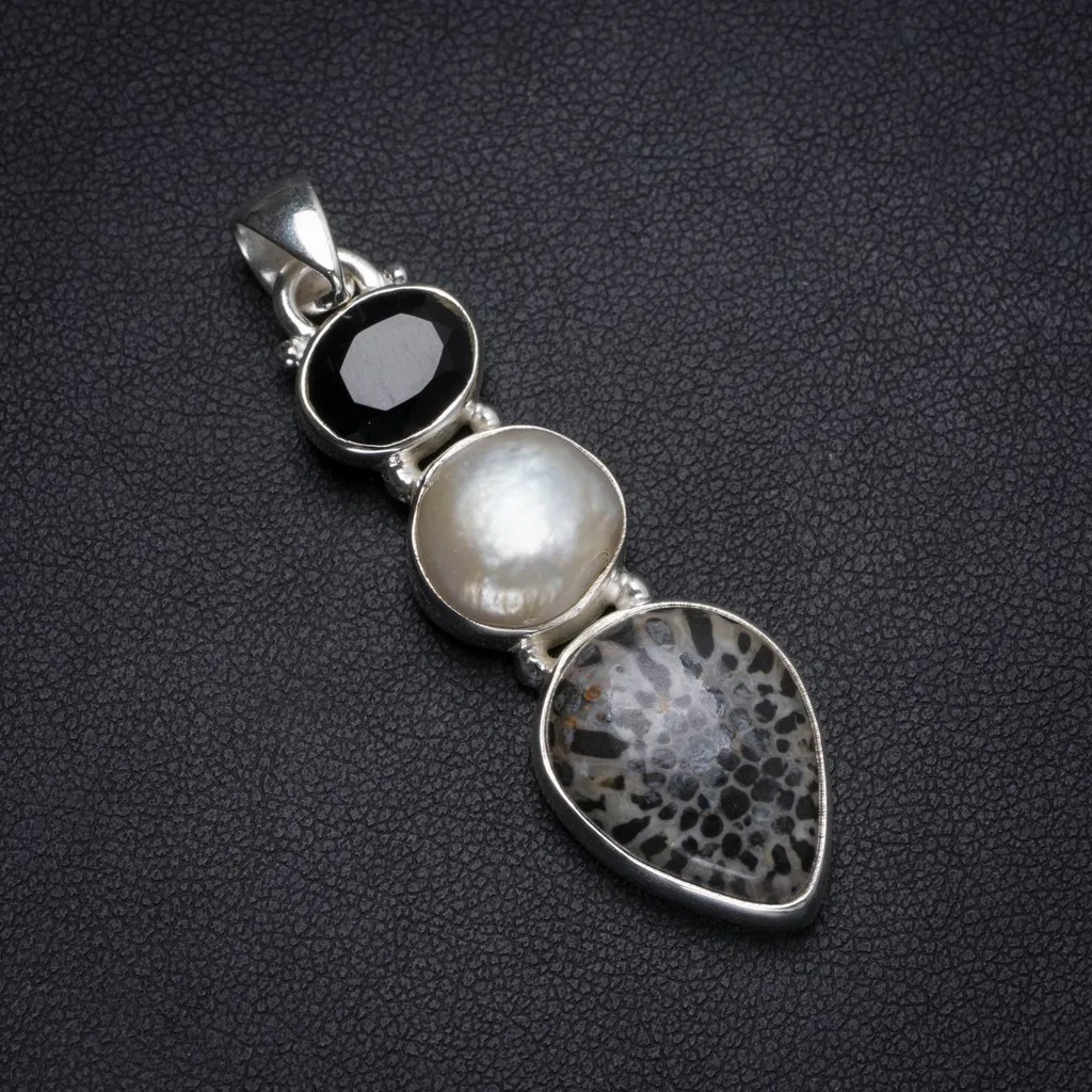 

Natural Stingray Coral,Biwa Pearl and Black Onyx Handmade Unique 925 Sterling Silver Pendant 2" X0228