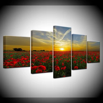 

Wall Art Sunset landscape Pictures 5 Pieces Red Flowers Sea Scenery Modular Canvas Painting Poster Shipped 24 Hour