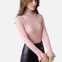 Fashion Rib Half High Neck Women Knit Sweater Femme Slim Fit Elasticity Pullover Solid Women Ruffle Sleeve Tops Autumn Winter layered ruffle sleeve rib knit tee