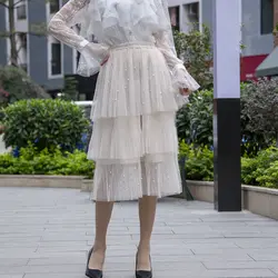 Газовая юбка средней длины с бусинами, 2019 Весенняя тонкая юбка с высокой талией, модная газовая многослойная юбка